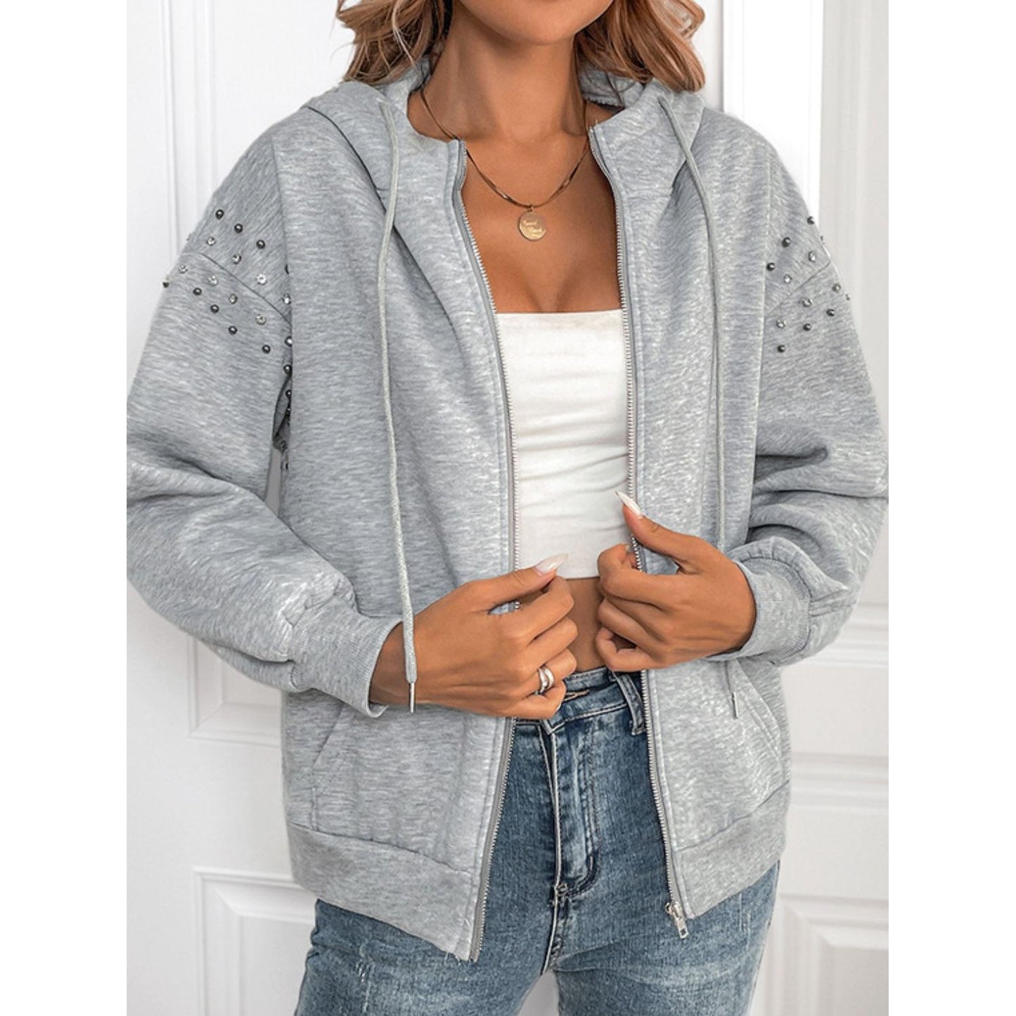 Perfee Rhinestone Zip Up Long Sleeve Hoodie