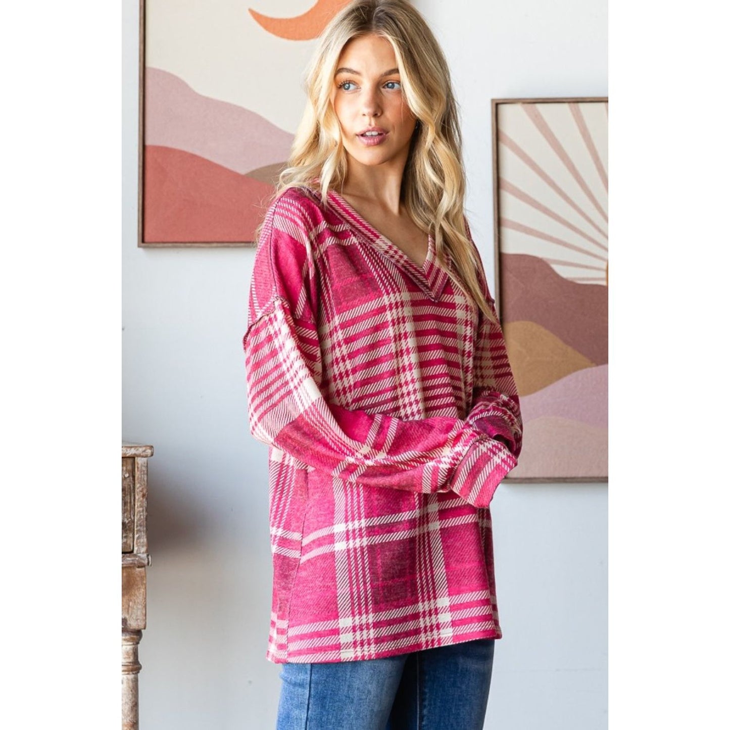 Heimish Plaid Drop Shoulder V-Neck T-Shirt