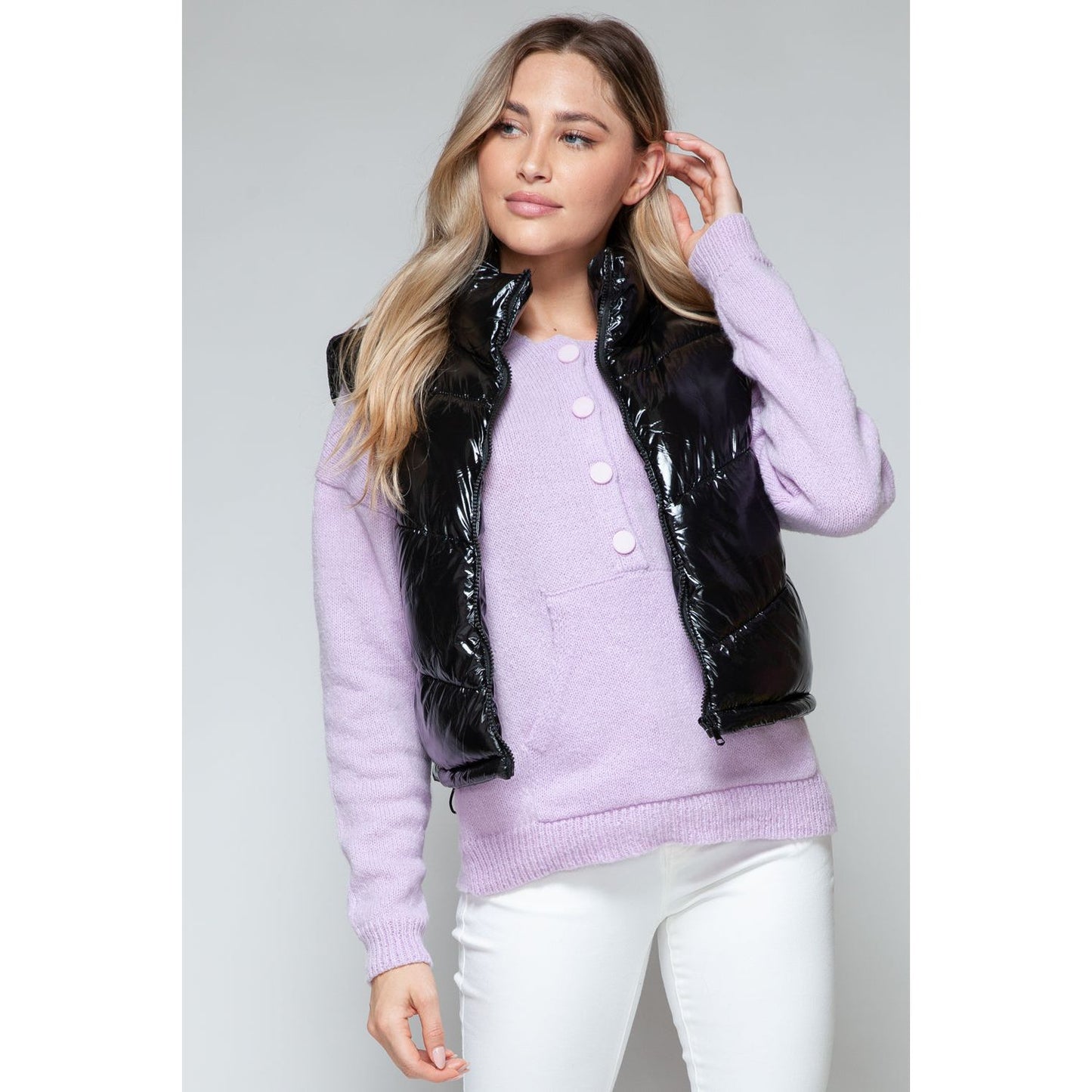 Snobbish Zip Up Turtleneck Shiny Quilted Vest