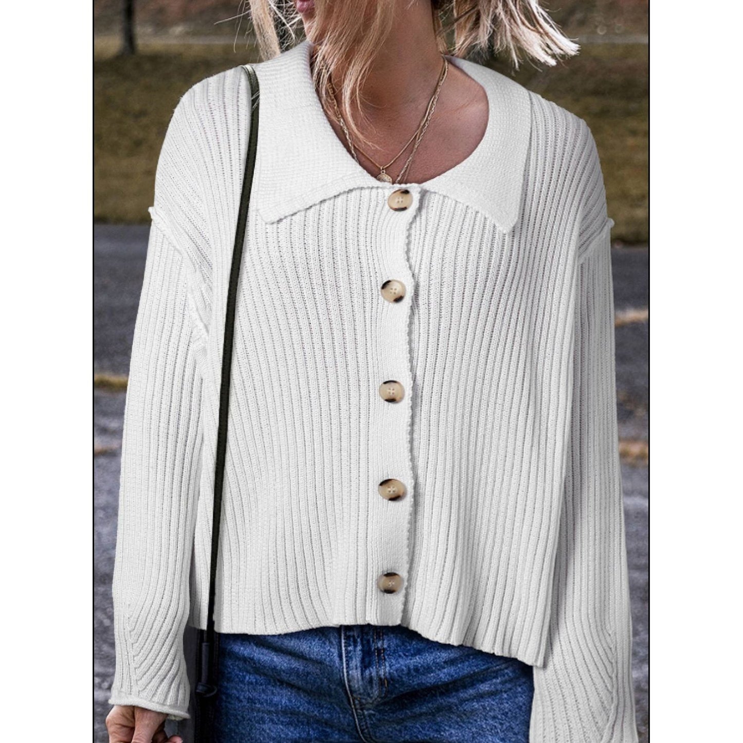 Collared Neck Button Down Long Sleeve Cardigan