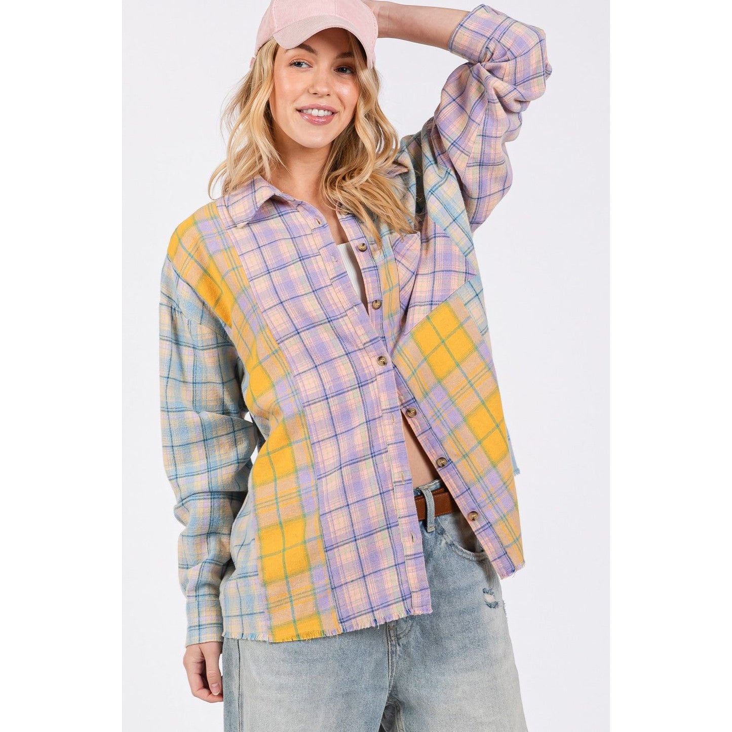 SAGE + FIG Button Up Raw Hem  Plaid Flannel Shirt