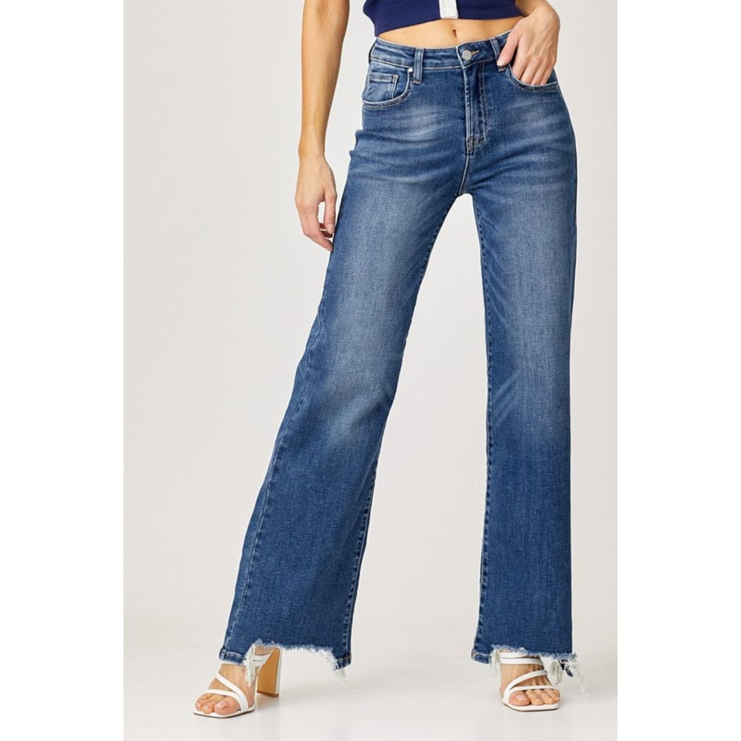 Risen Full Size High Rise Frayed Hem Wide Leg Jeans