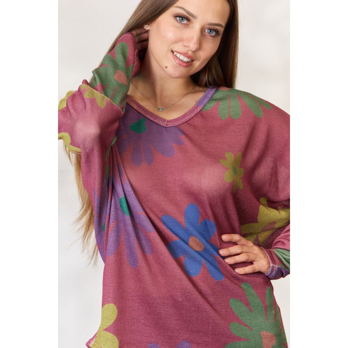 Hopely Full Size Floral V-Neck Long Sleeve Top