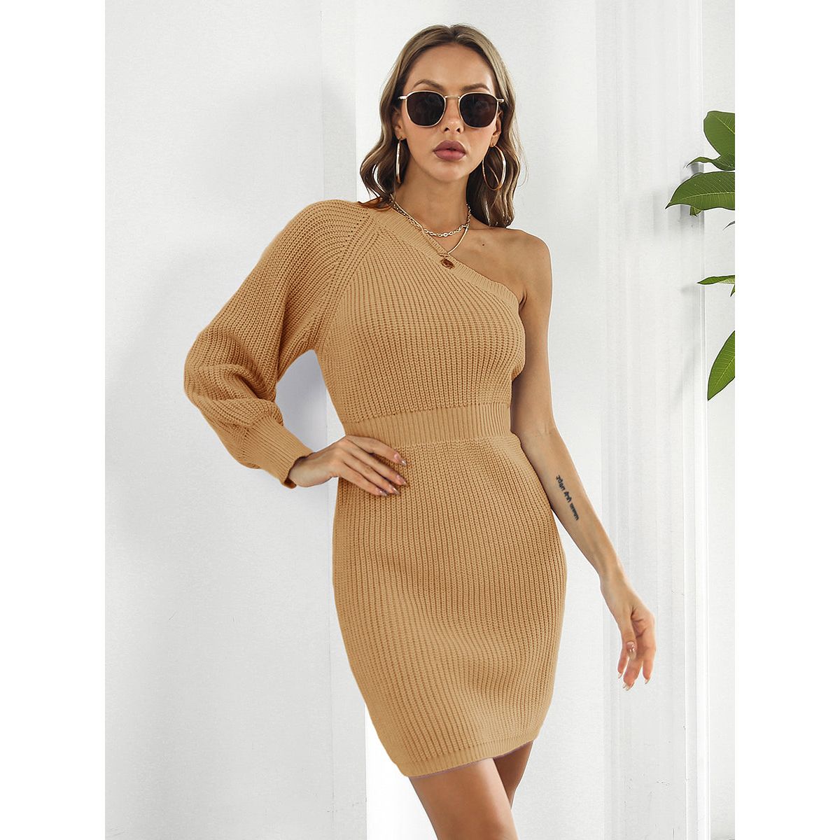 One-Shoulder Mini Sweater Dress