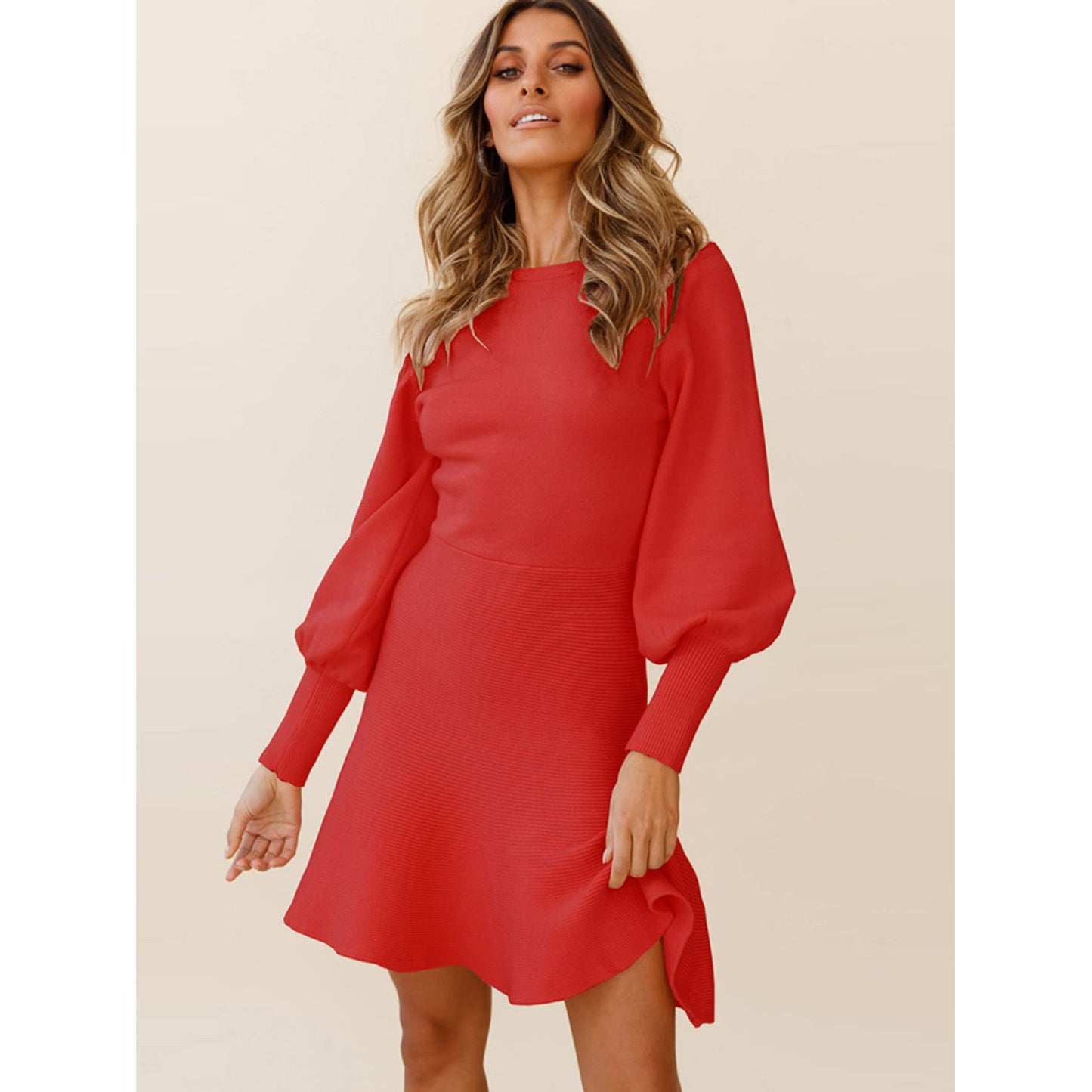 Round Neck Lantern Sleeve Sweater Dress