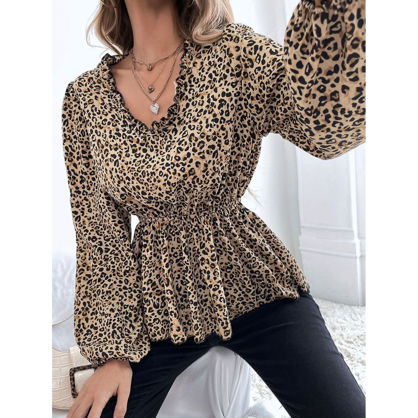 Frill Peplum Leopard V-Neck Long Sleeve Blouse