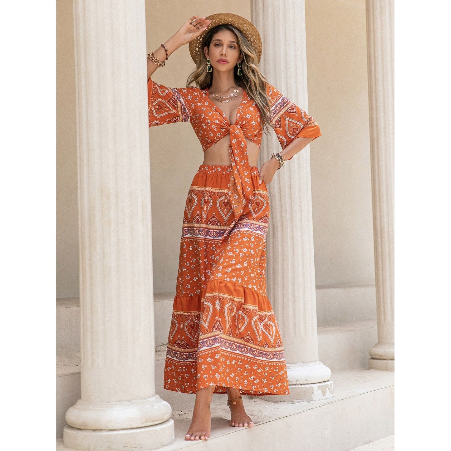 Printed Plunge Half Sleeve Top and Skirt Set