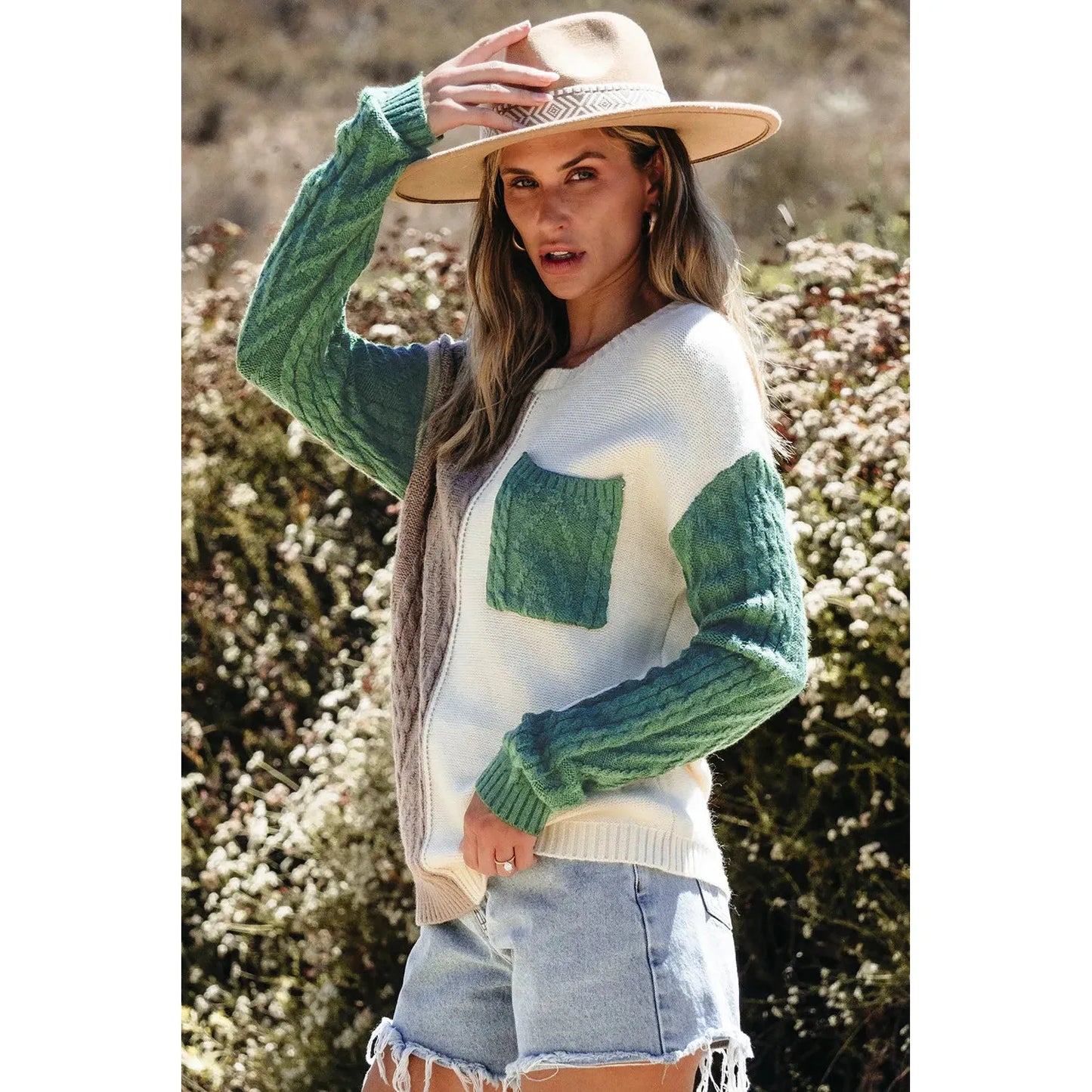 Color Block Round Neck Long Sleeve Sweater