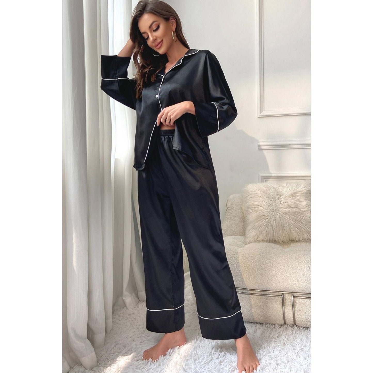 Contrast Piping Button-Up Top and Pants Pajama Set