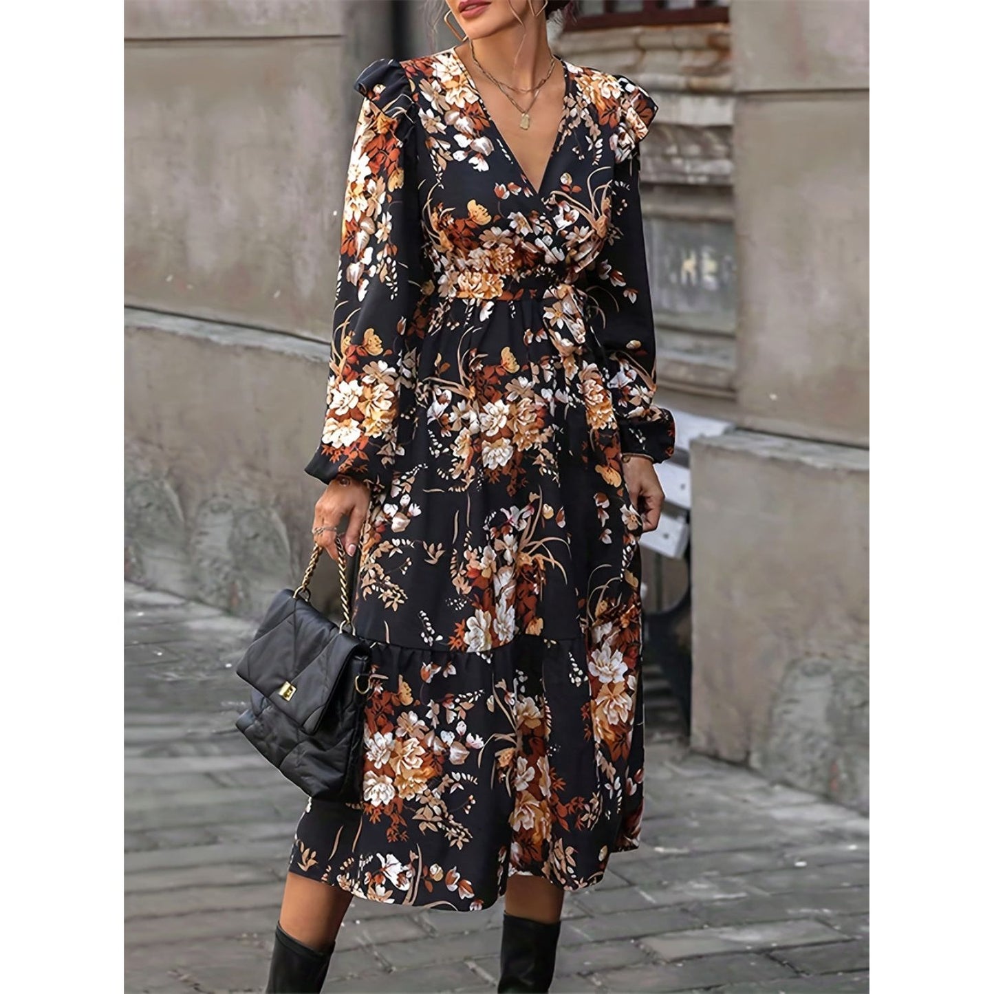 Ruffled Printed Surplice Long Sleeve Midi Dress