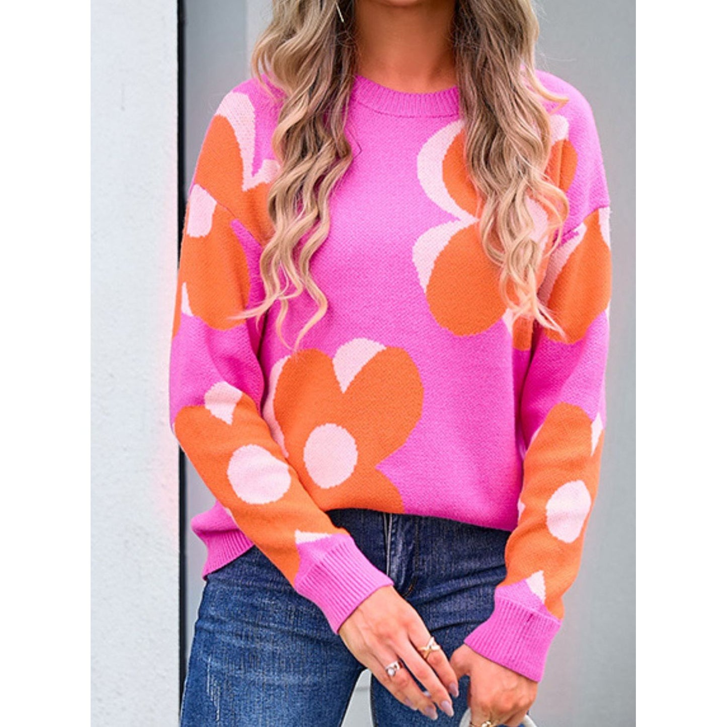 Angel Wings Flower Round Neck Long Sleeve Sweater