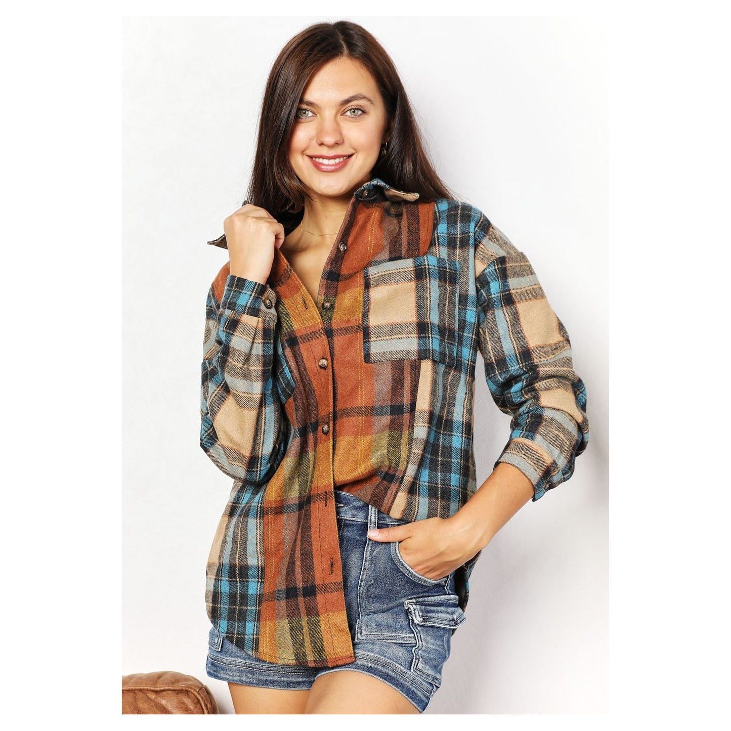 Double Take Plaid Curved Hem Shirt Jacket with Breast Pockets