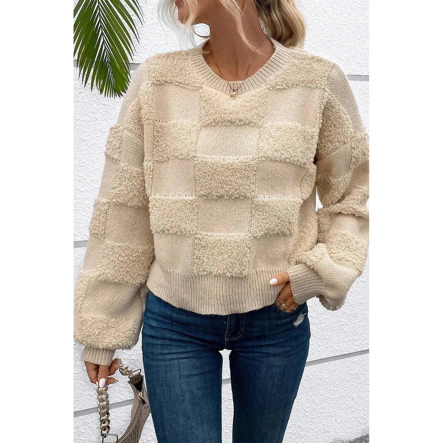 Checkered Round Neck Dropped Shoulder Sweater