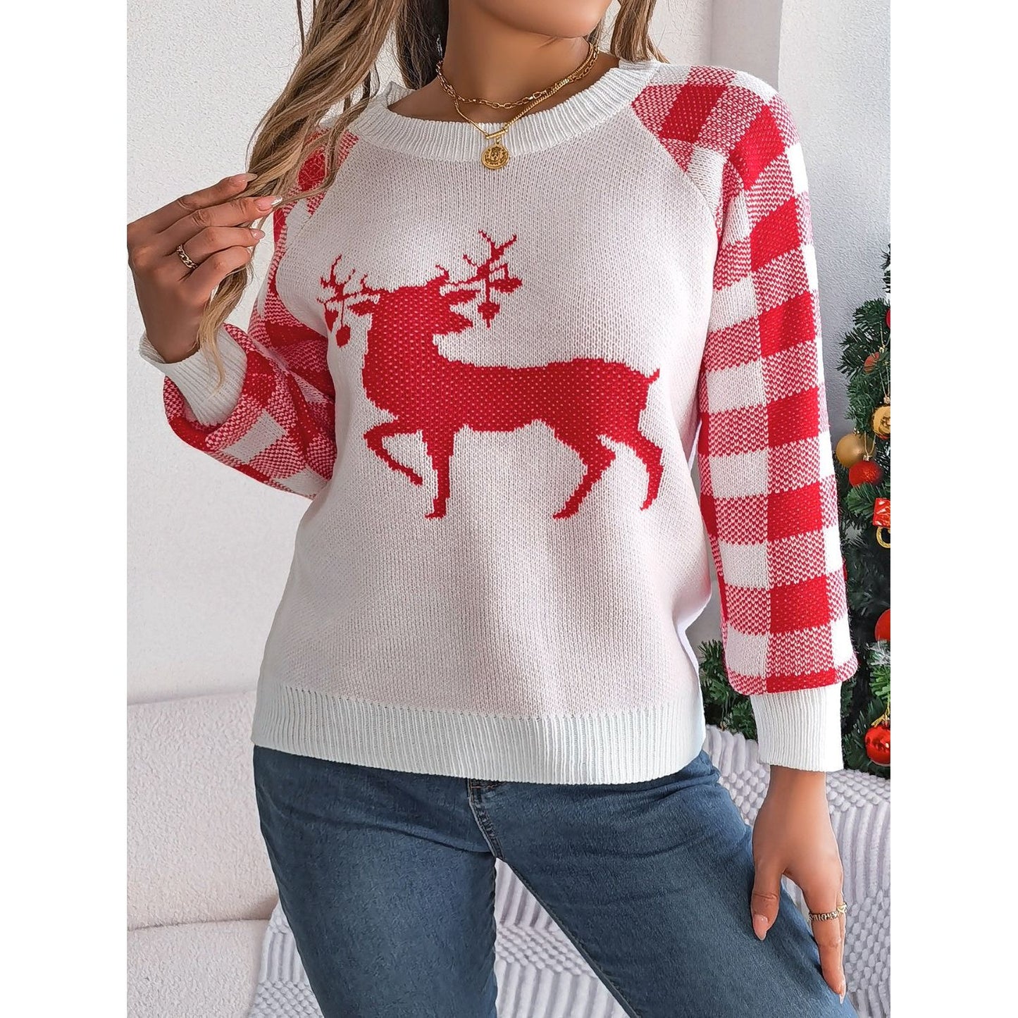 Reindeer Plaid Round Neck Long Sleeve Sweater