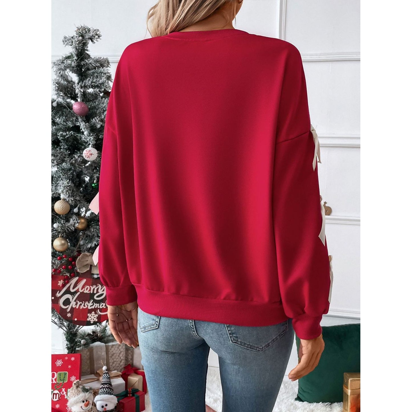 Perfee Bow Round Neck Long Sleeve Sweatshirt