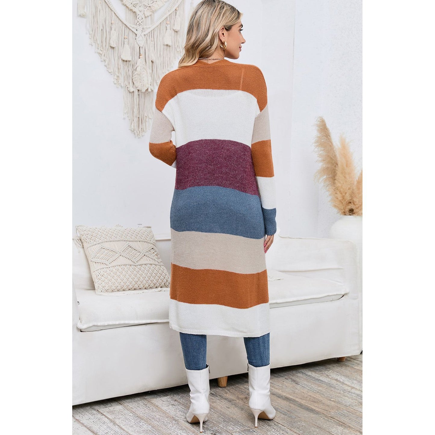 Long Color Block Open Front Pocketed Cardigan