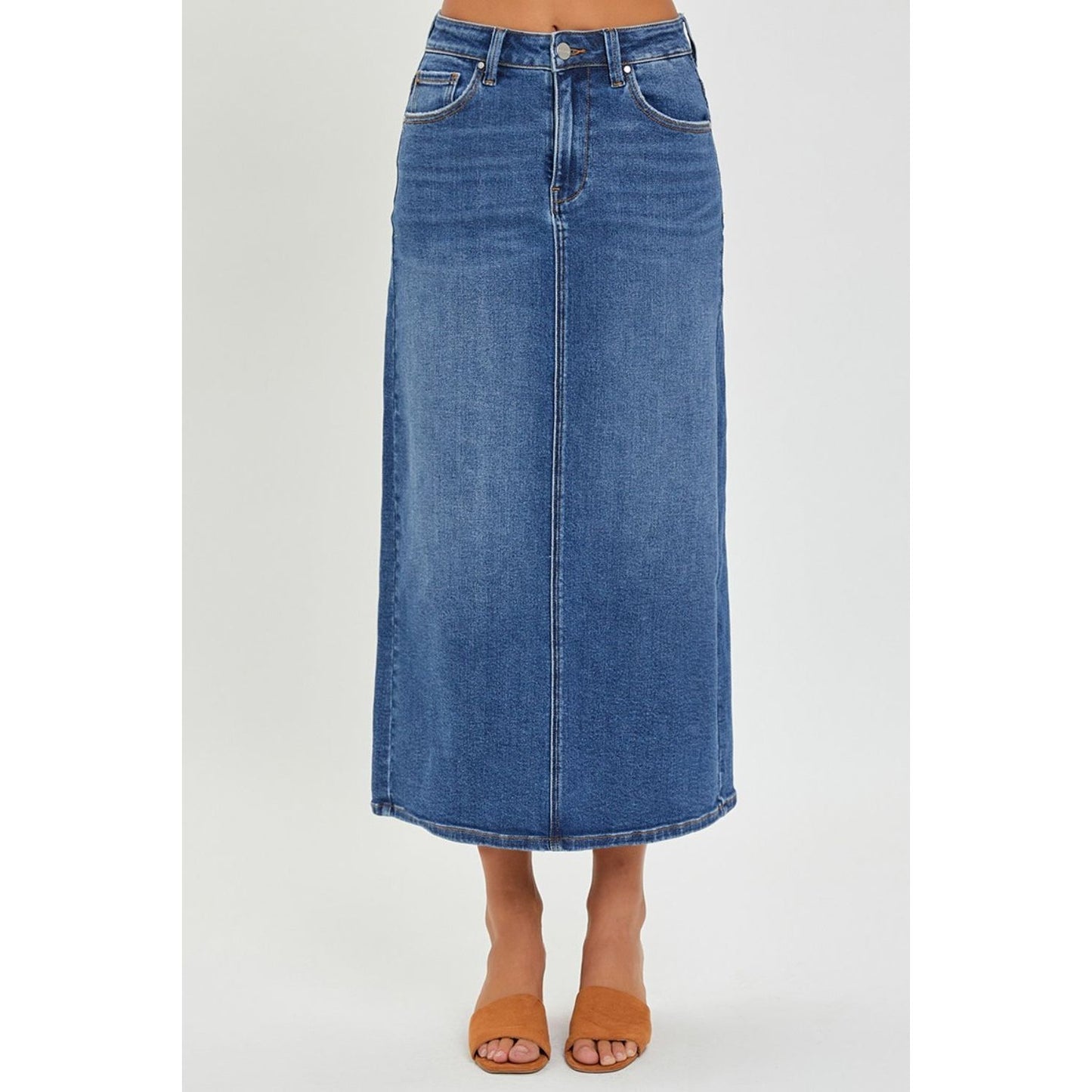 RISEN High Rise Back Slit Denim Skirt