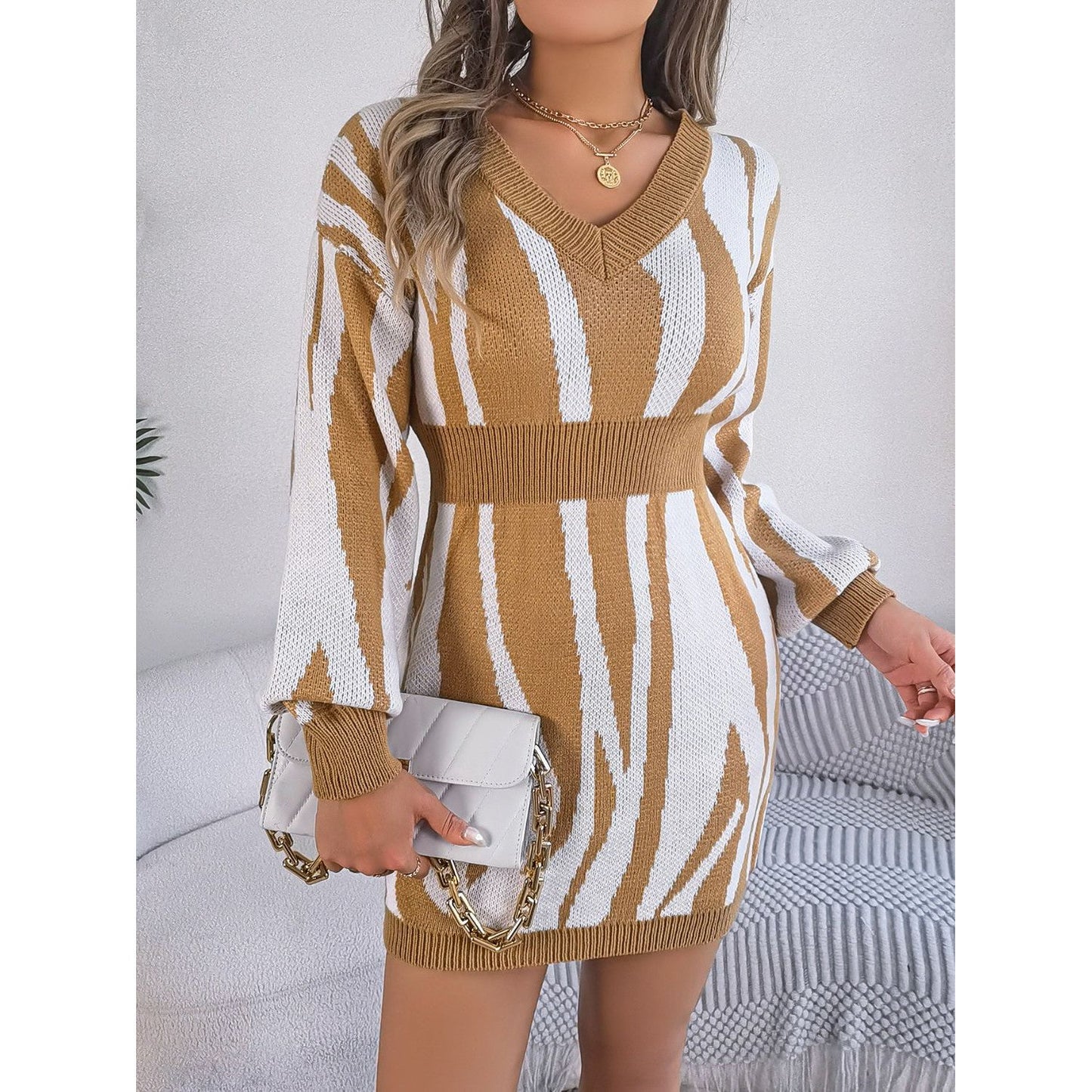 Animal Print V-Neck Long Sleeve Sweater Dress