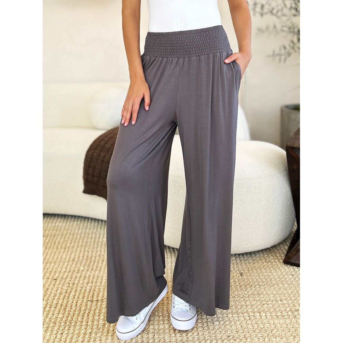 Double Take Full Size Smocked Wide Waistband Wide Leg Pants