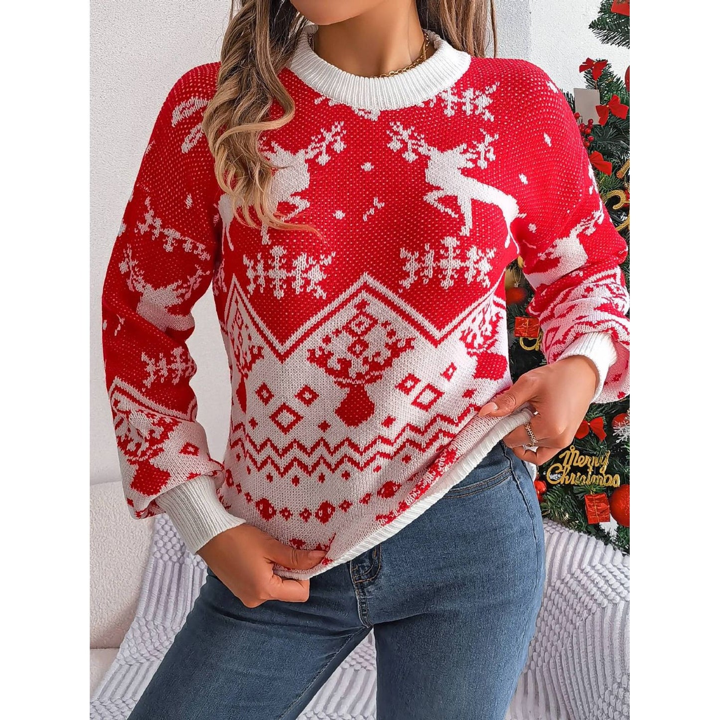 Christmas Element Round Neck Long Sleeve Sweater