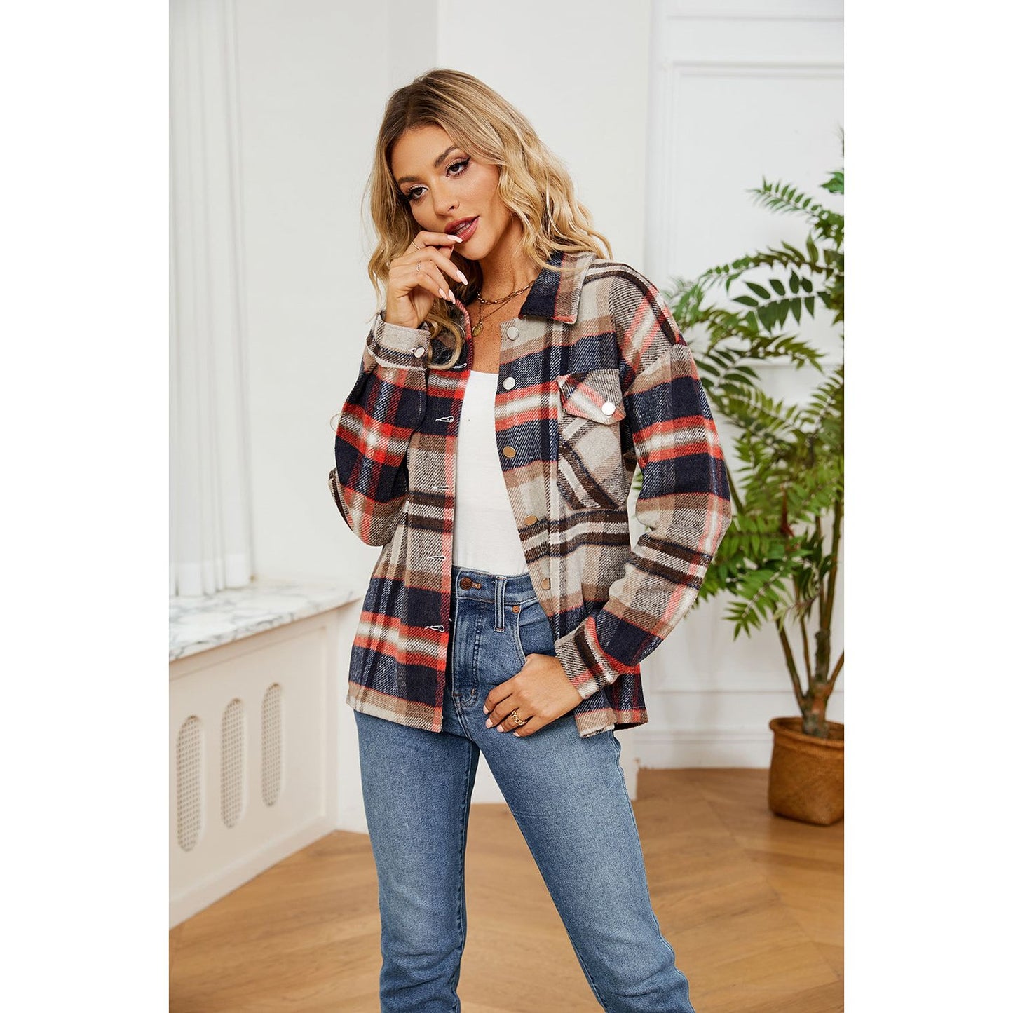 Button Down Collared Plaid Shacket