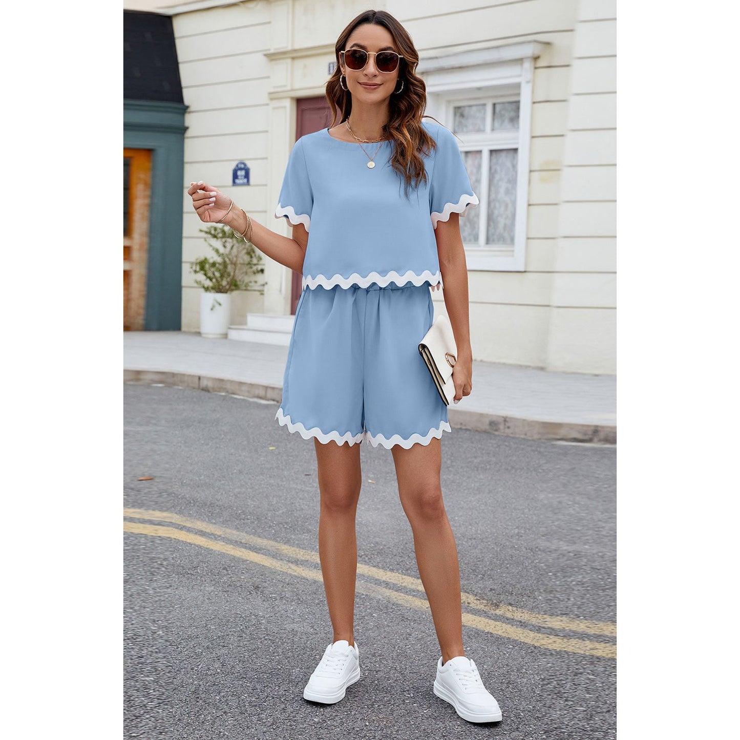 Contrast Trim Round Neck Top and Shorts Set