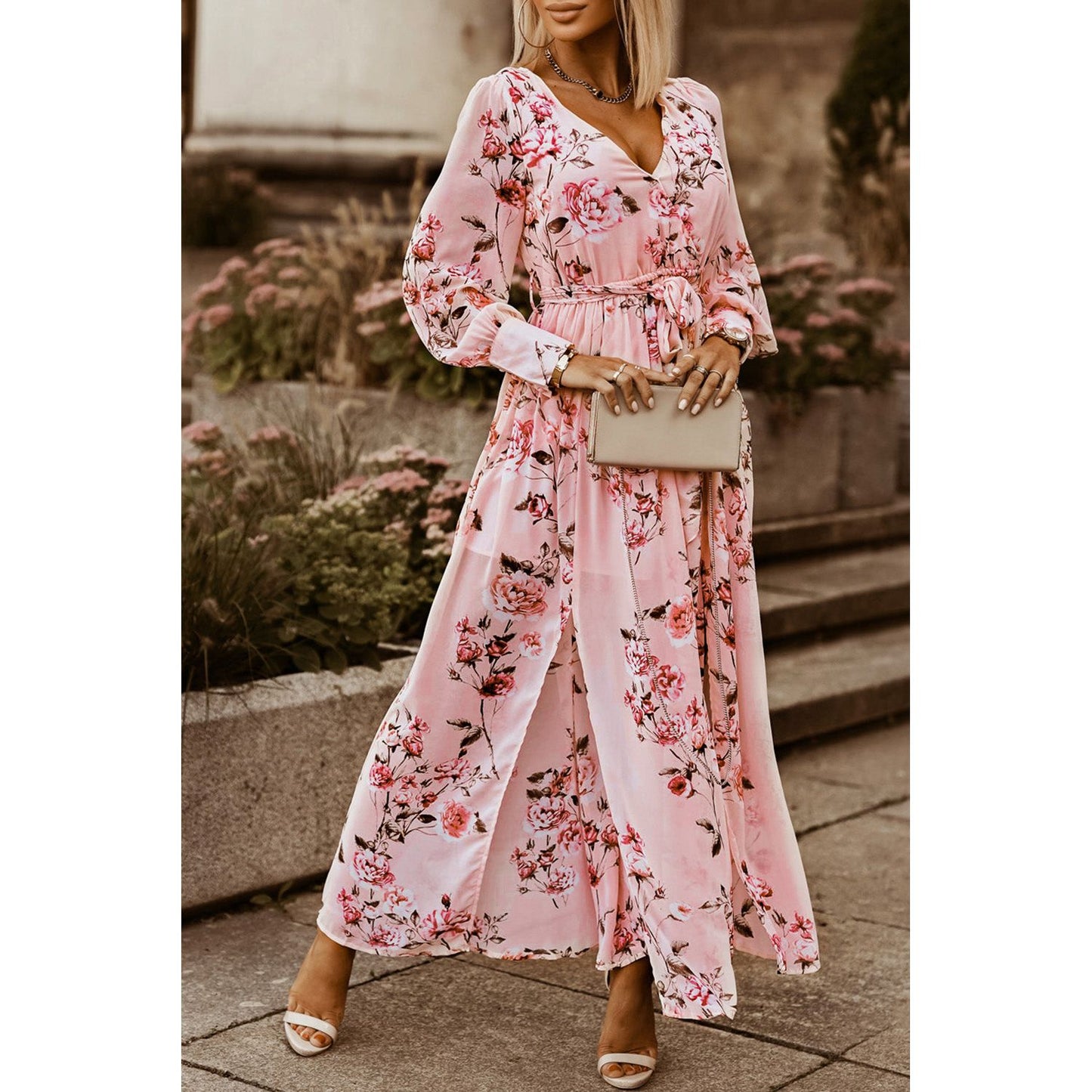 Floral Tie Belt Bishop Sleeve Slit Maxi Dress