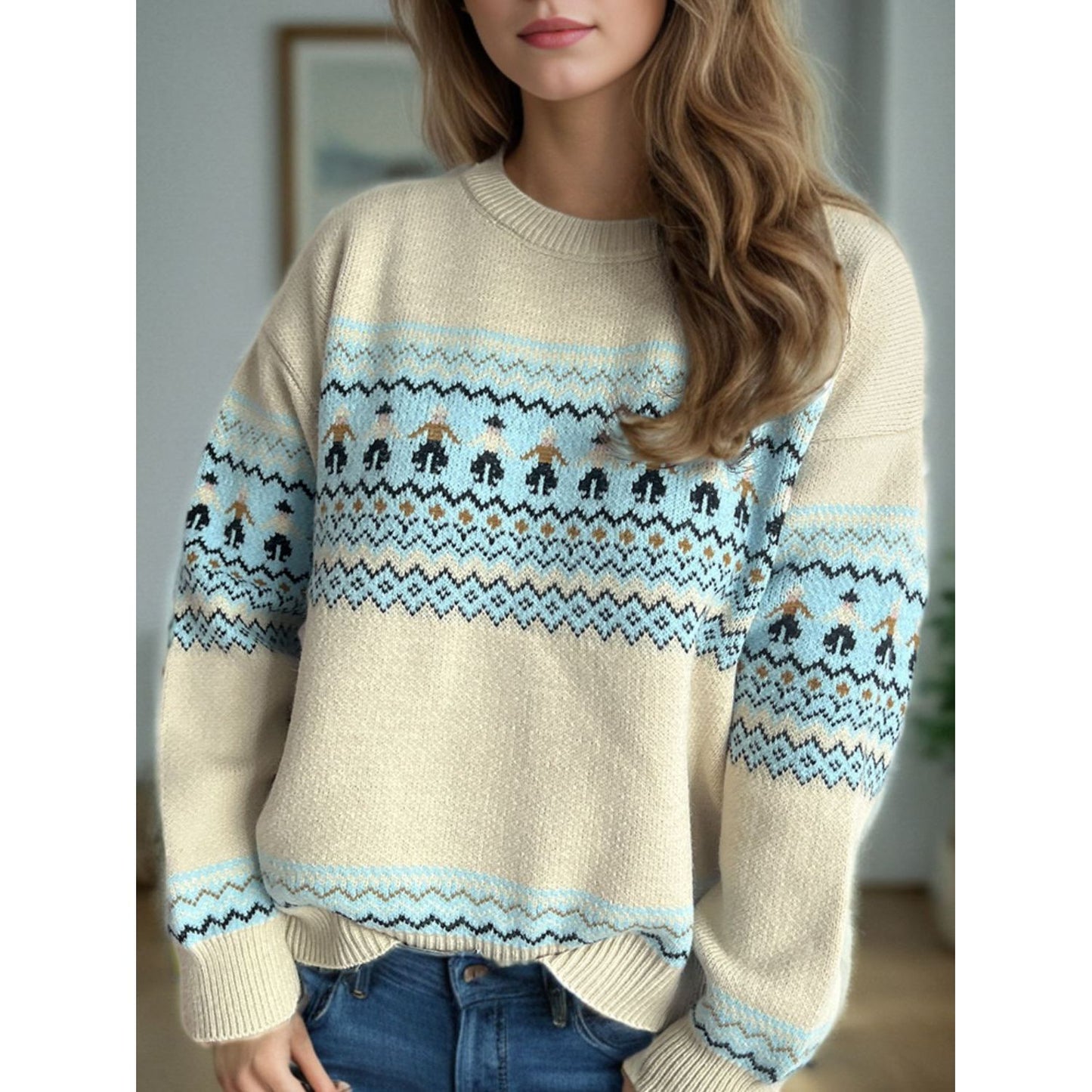 Contrast Round Neck Dropped Shoulder Sweater