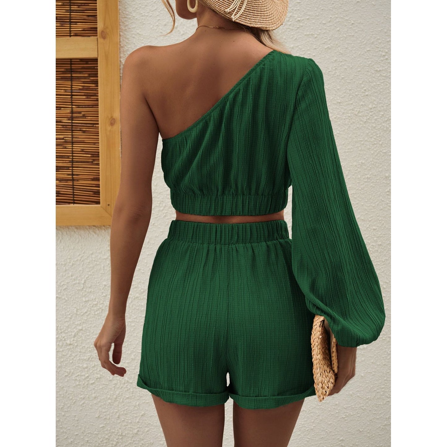 Honey One Shoulder Long Sleeve Top and Shorts Set