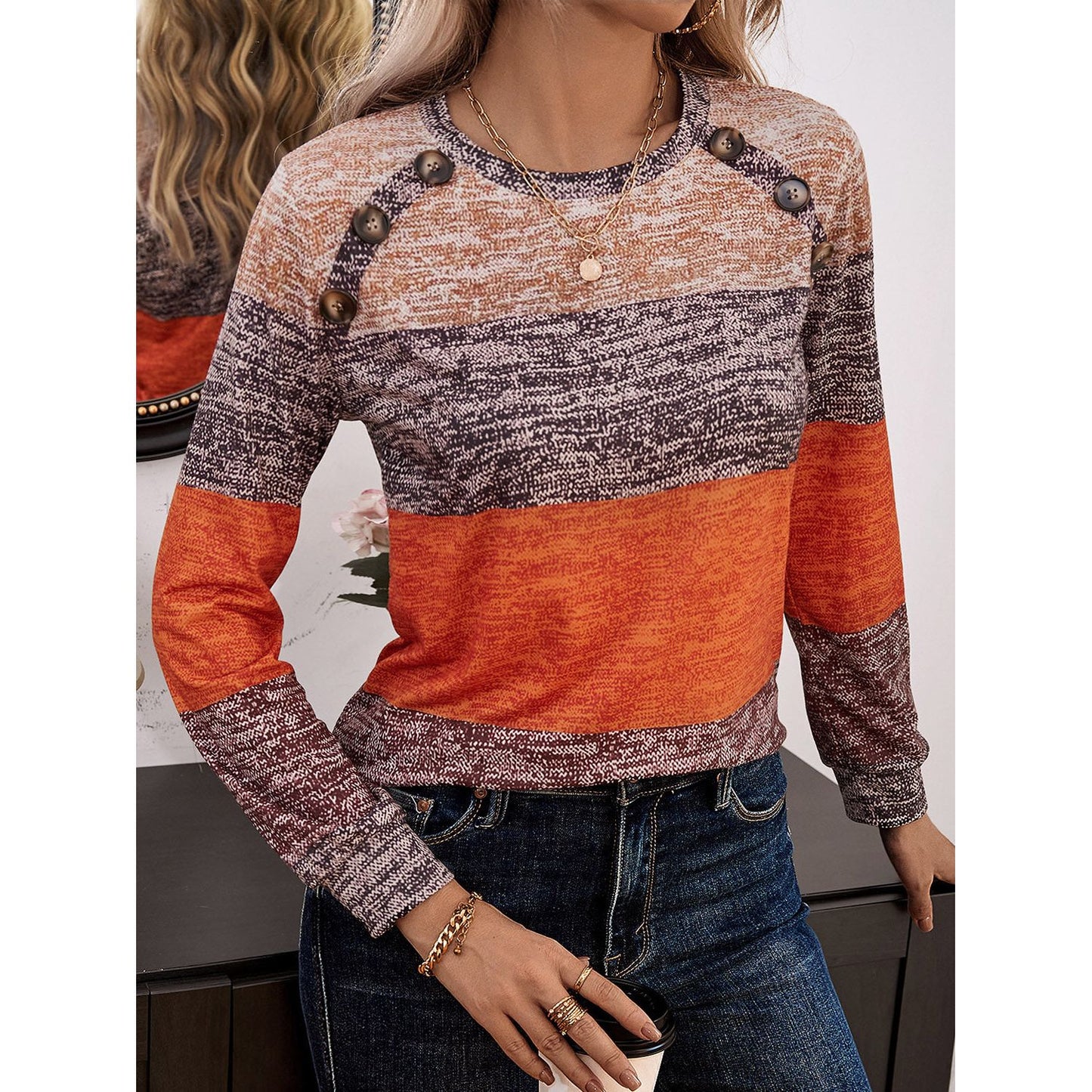 Decorative Button Contrast Round Neck Long Sleeve T-Shirt