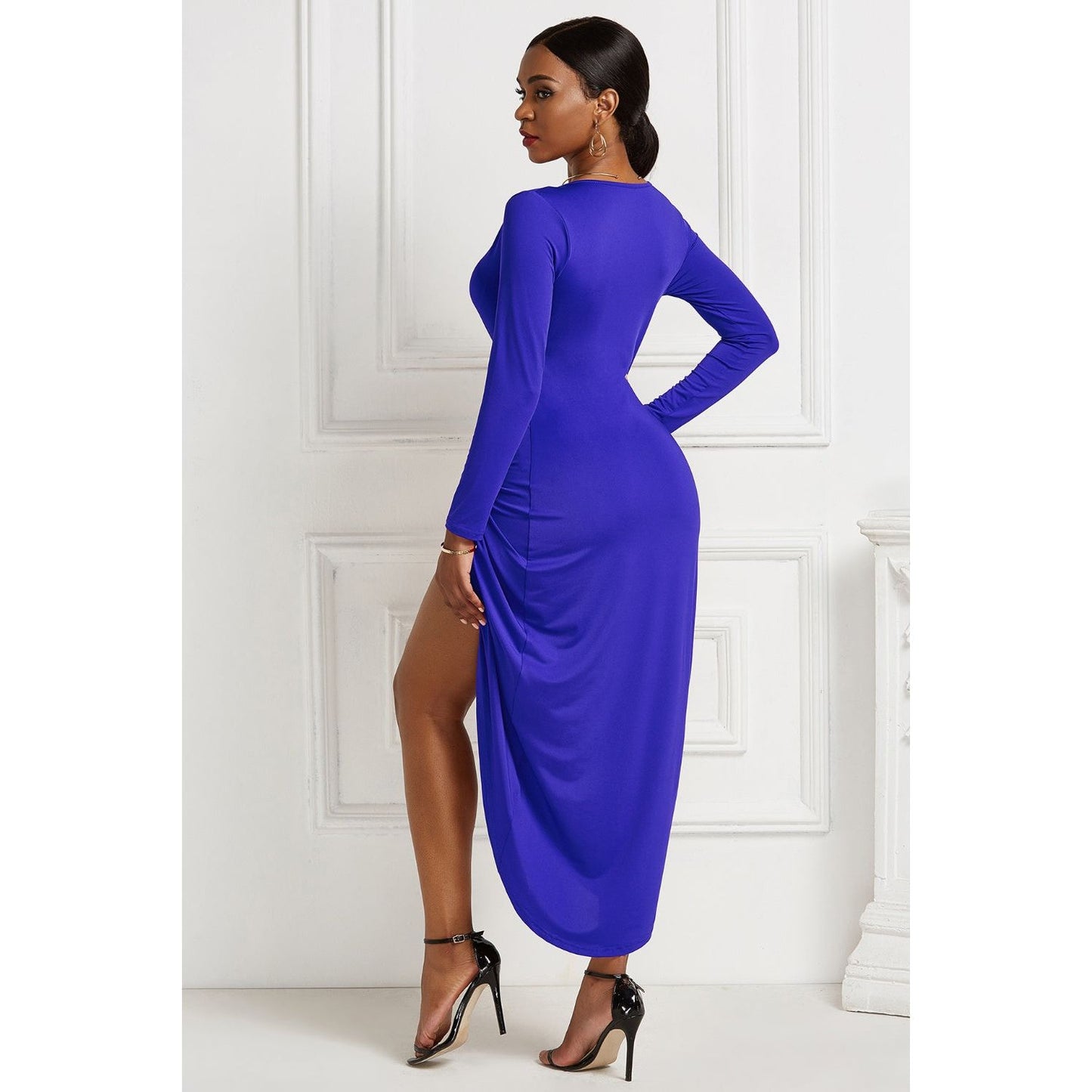 High-low Ruched Surplice Long Sleeve Dress