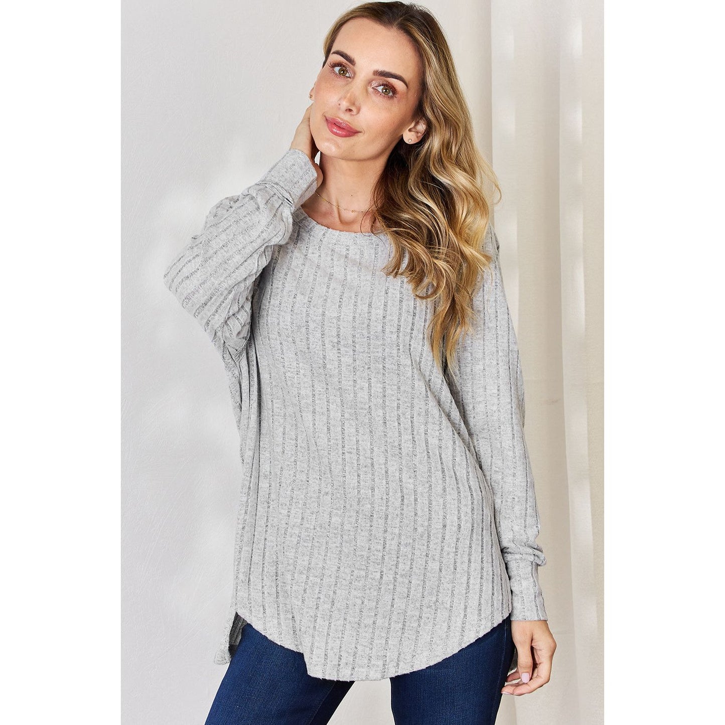 Basic Bae Full Size Ribbed Round Neck Slit T-Shirt