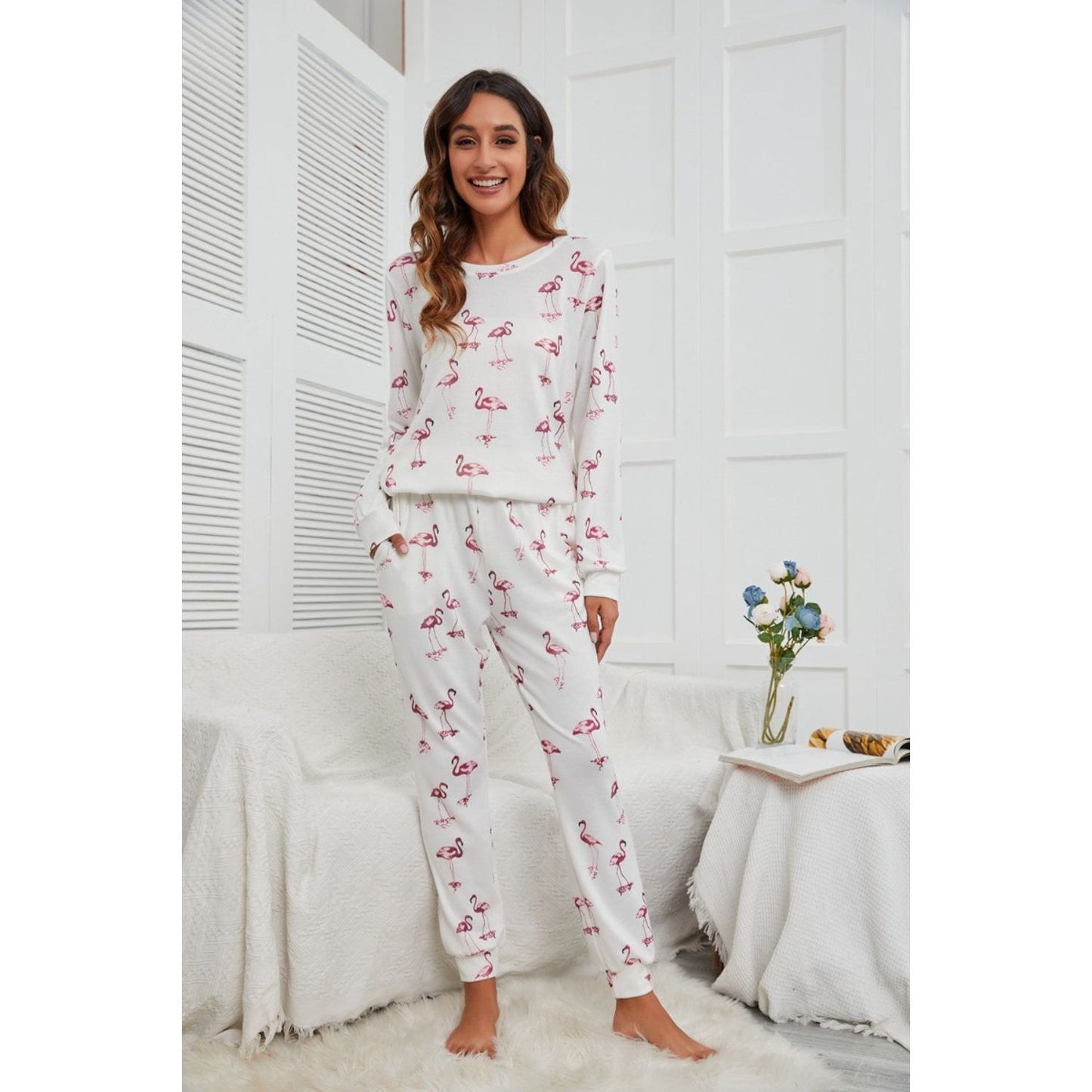 Flamingo Long Sleeve Top and Pants Lounge Set