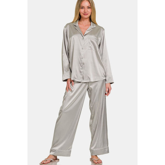 Zenana Satin Long Sleeve Shirt and Pants Pajama Set