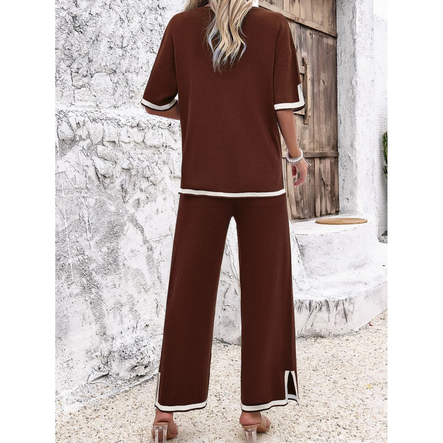 Contrast Trim Round Neck Top and Pants Set