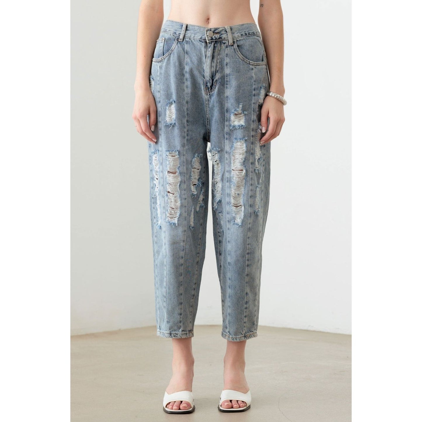 Litz La Washed Barrel Leg High Waist Distressed Jeans