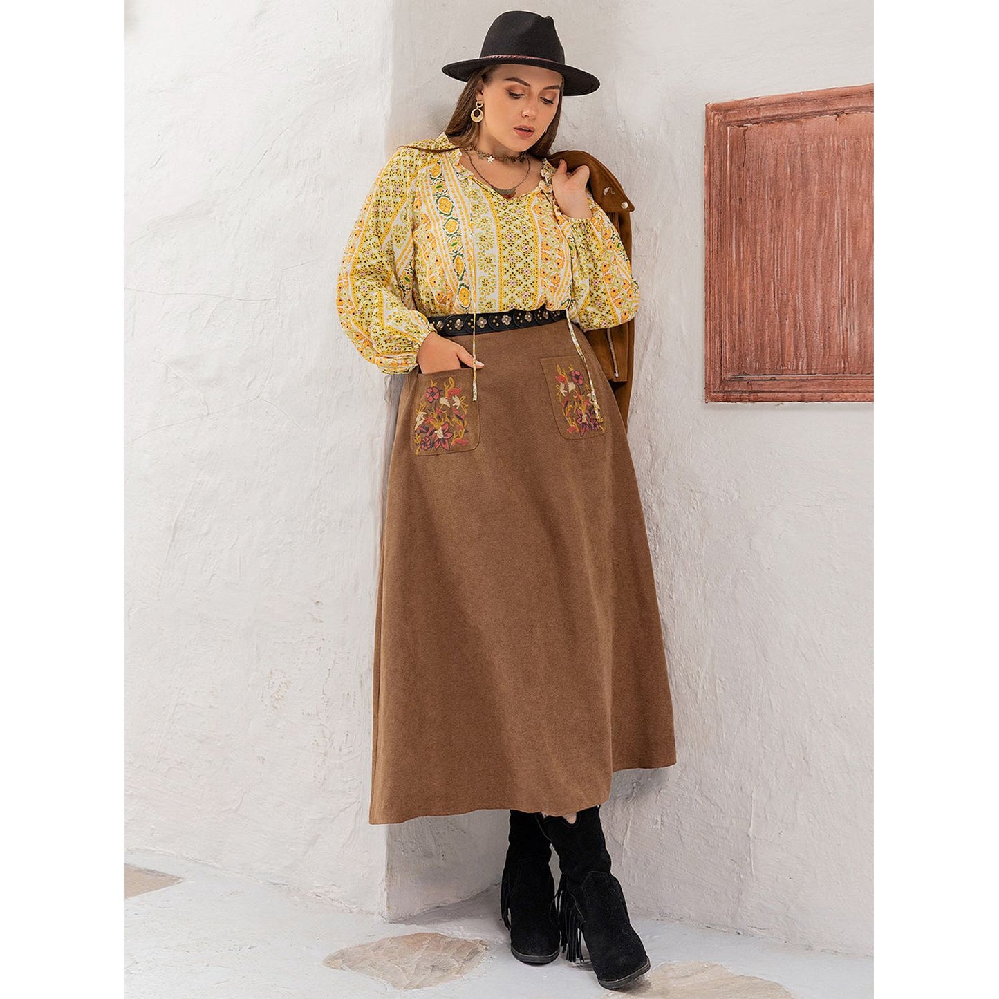 Plus Size Embroidered Pocketed High Waist Skirt