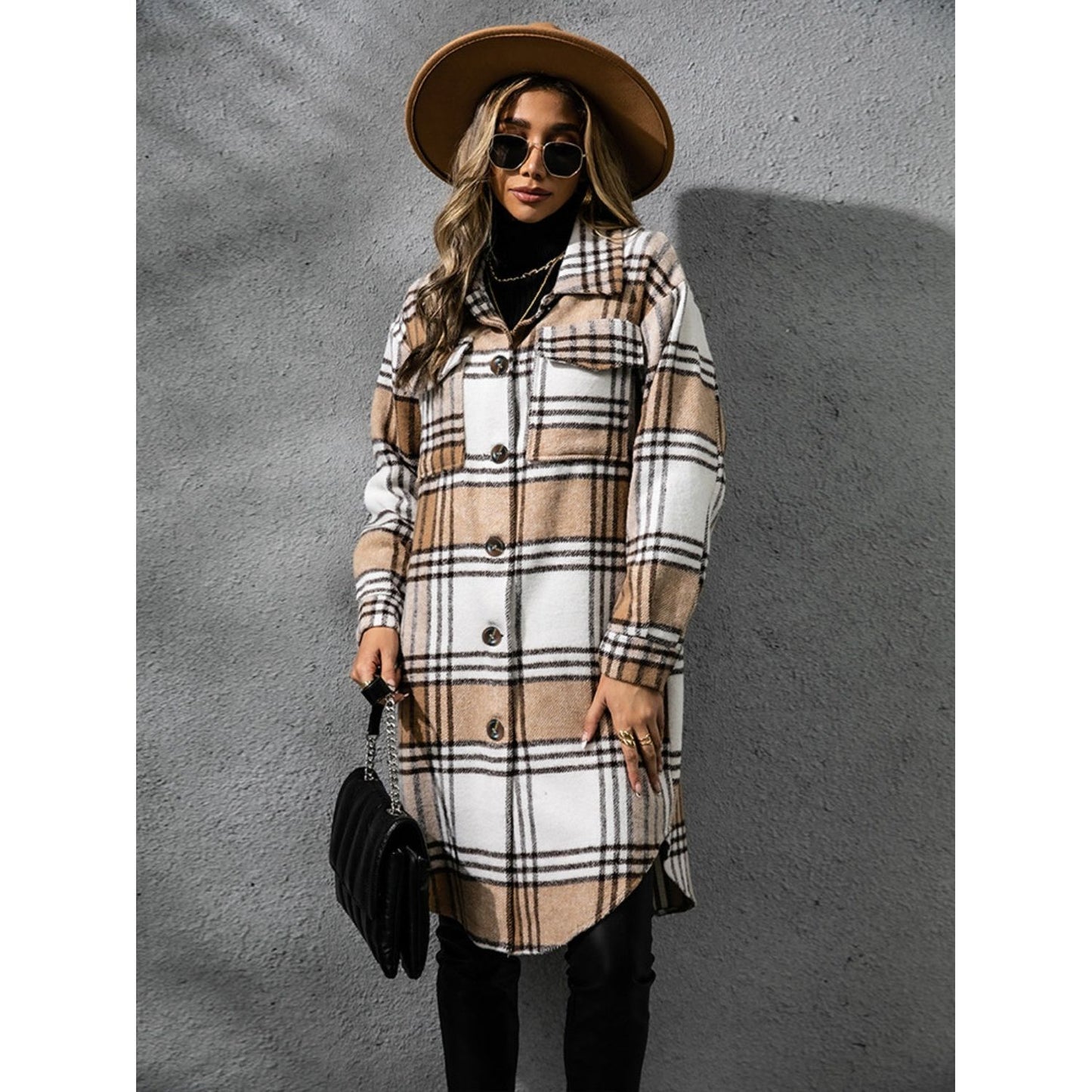 Plaid Collared Neck Long Sleeve Coat