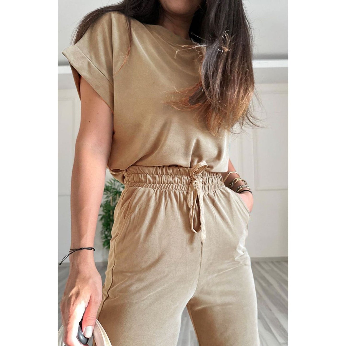 Round Neck Short Sleeve Top and Drawstring Pants Set