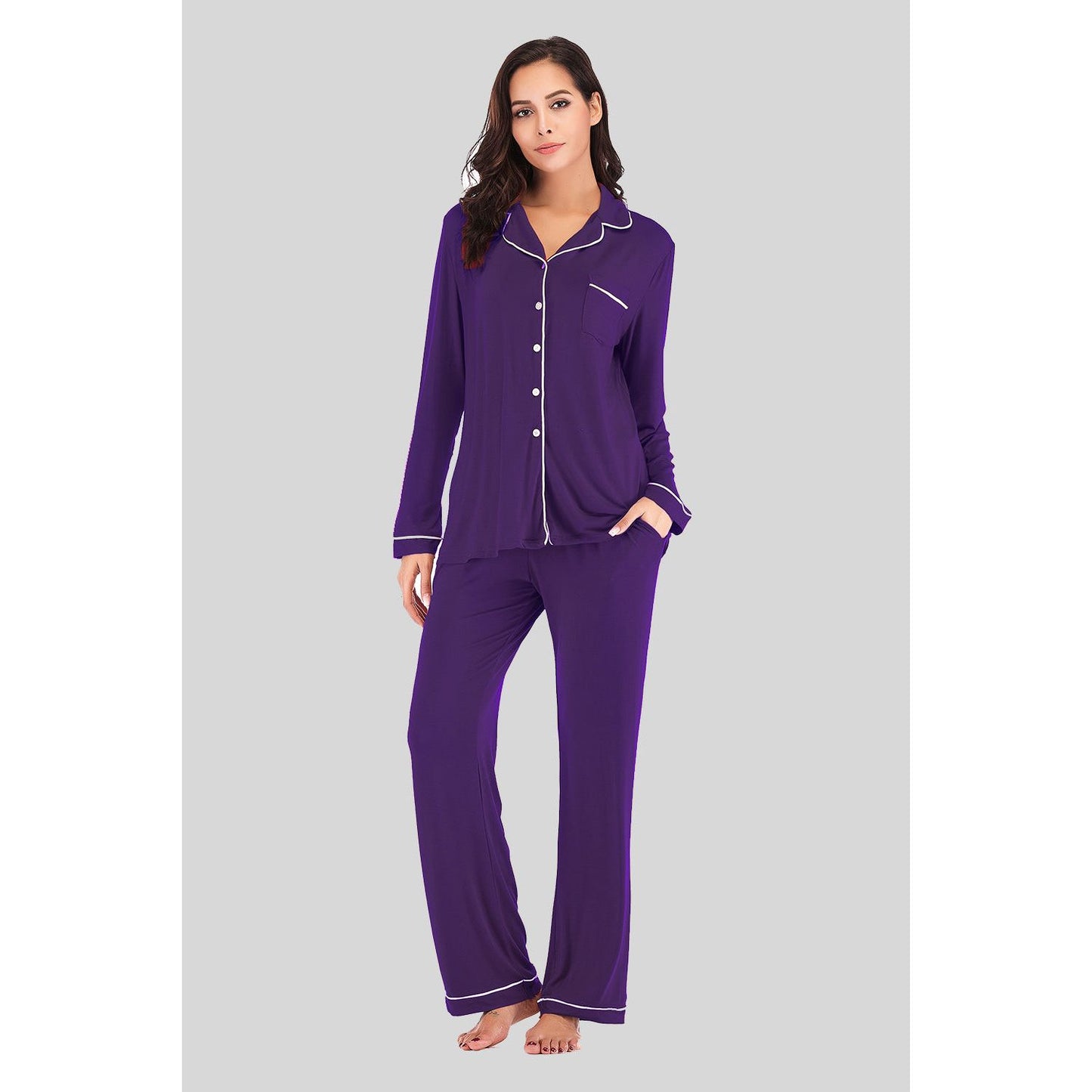 Collared Neck Long Sleeve Loungewear Set with Pockets