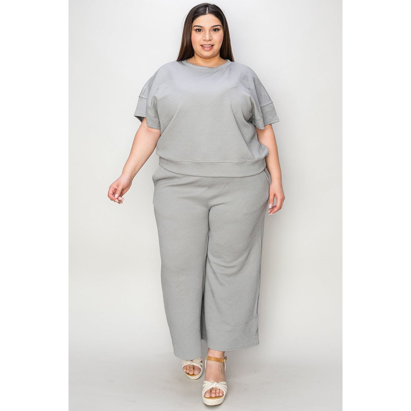 Double Take Full Size Texture Short Sleeve Top and Pants Set