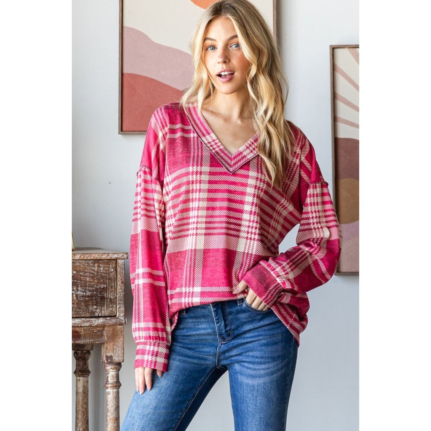 Heimish Plaid Drop Shoulder V-Neck T-Shirt