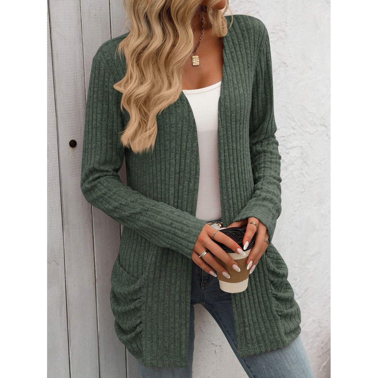 Open Front Long Sleeve Ribbed Cardigan