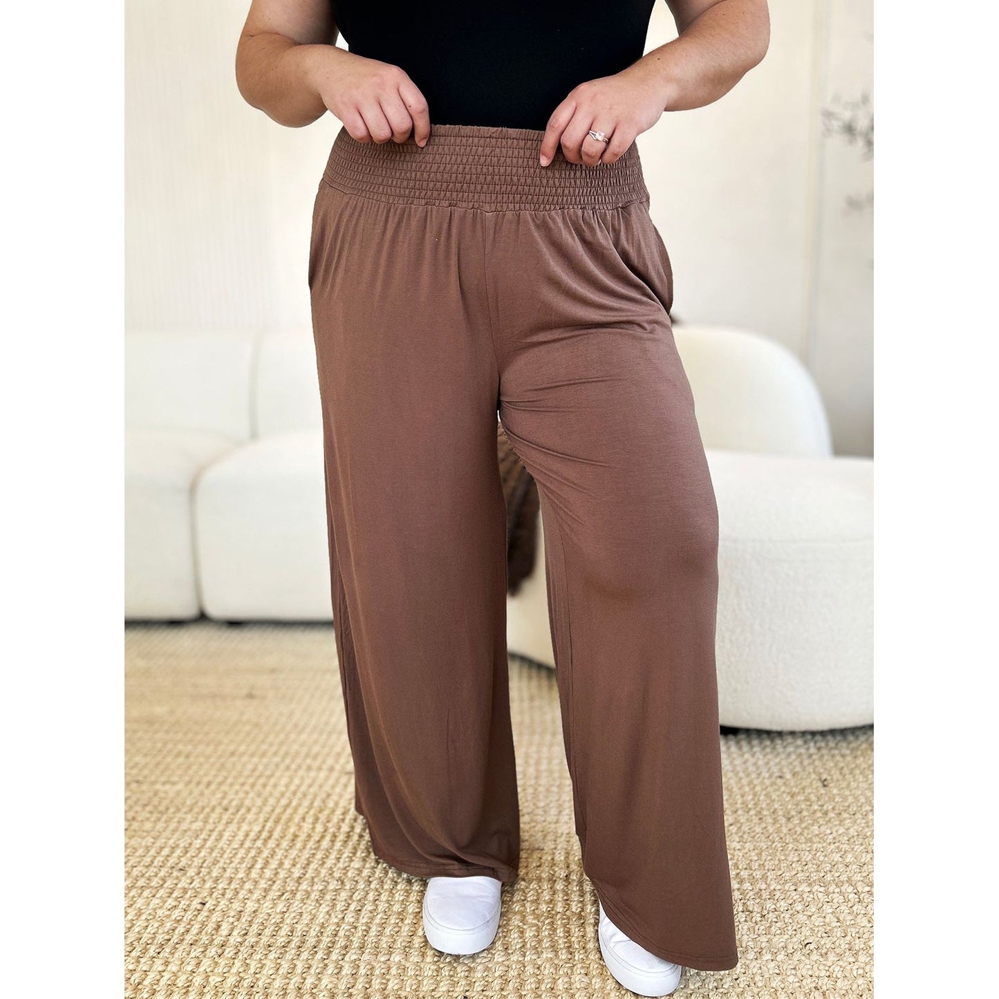 Double Take Full Size Smocked Wide Waistband Wide Leg Pants