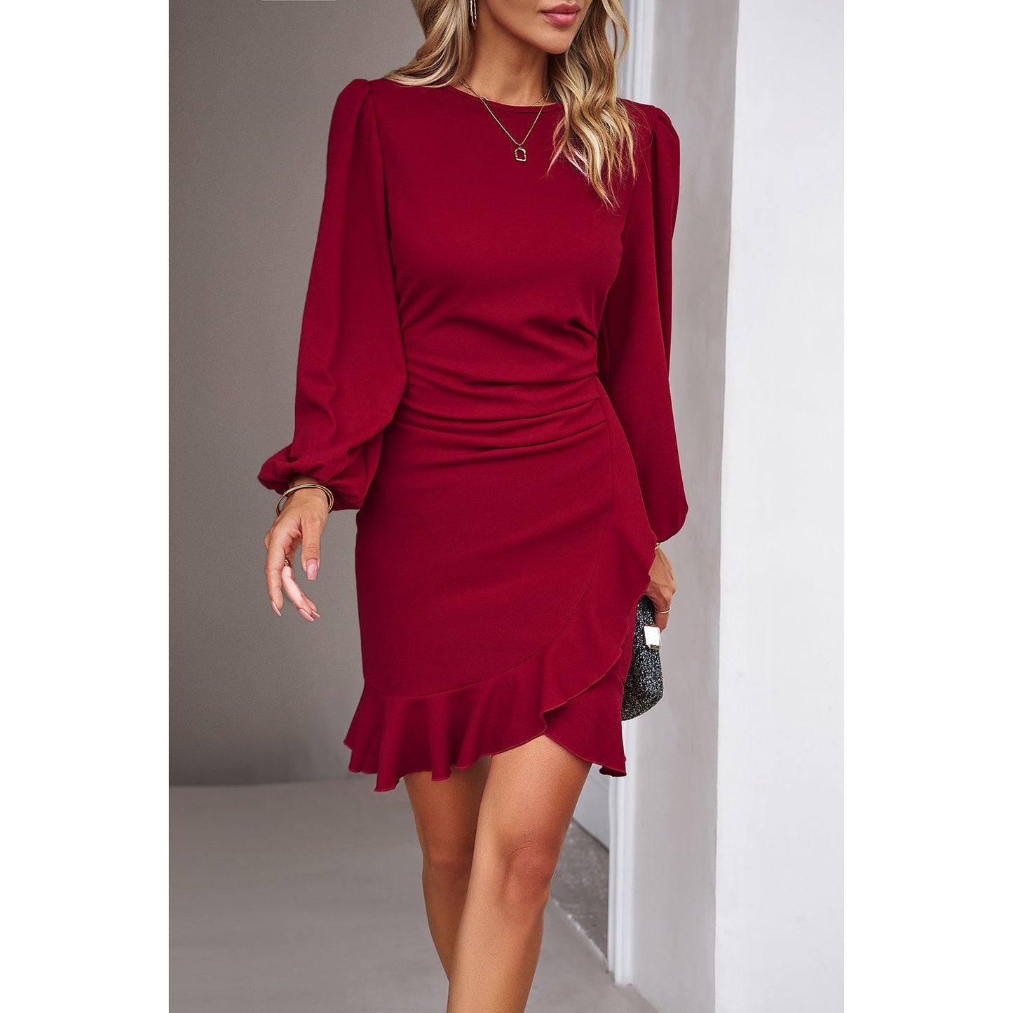 Devine Ruched Ruffled Balloon Sleeve Mini Dress