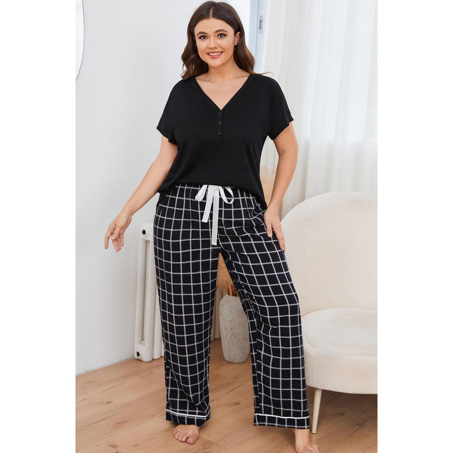 Plus Size V-Neck Top and Plaid Pants Lounge Set