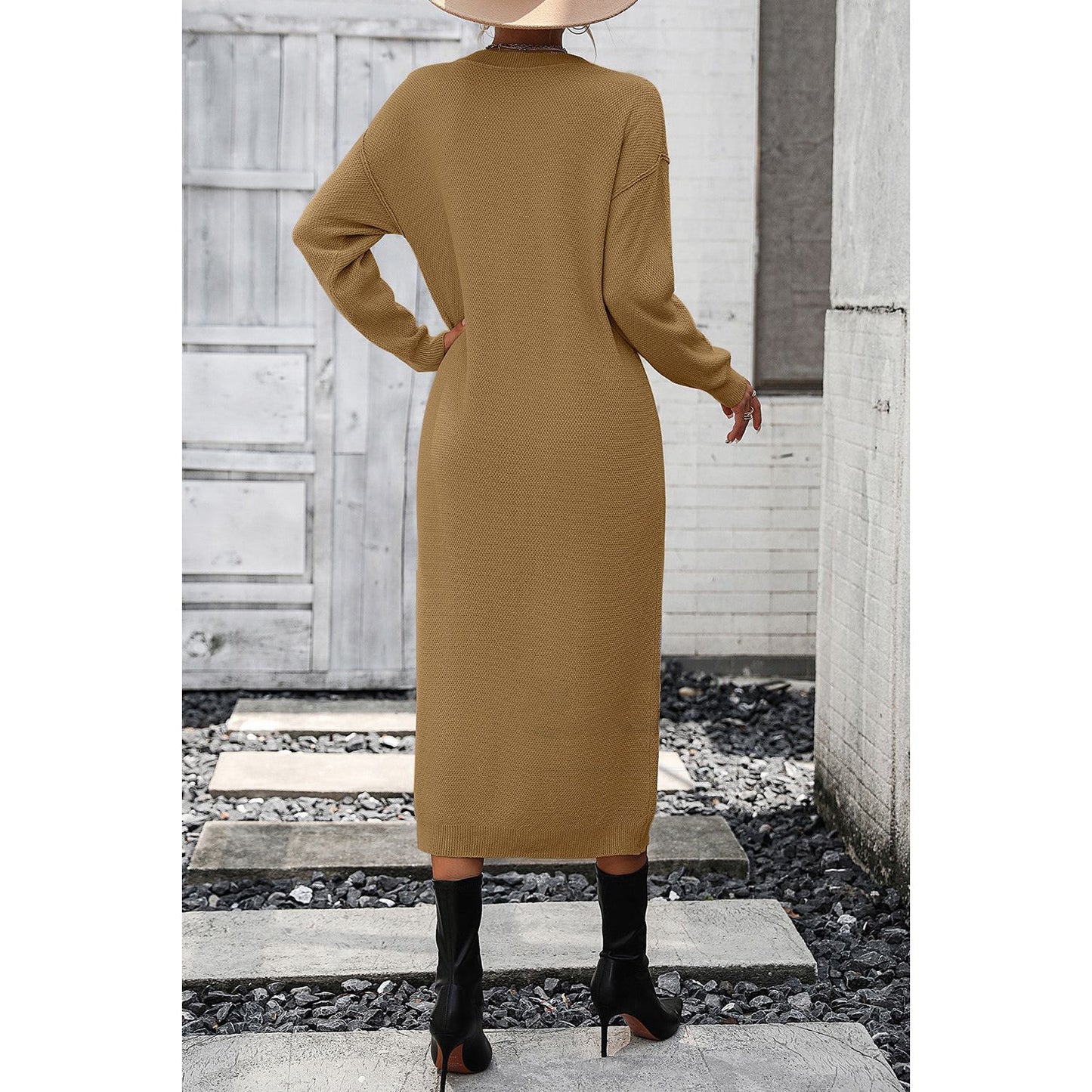 Decorative Button Notched Dropped Shoulder Sweater Dress