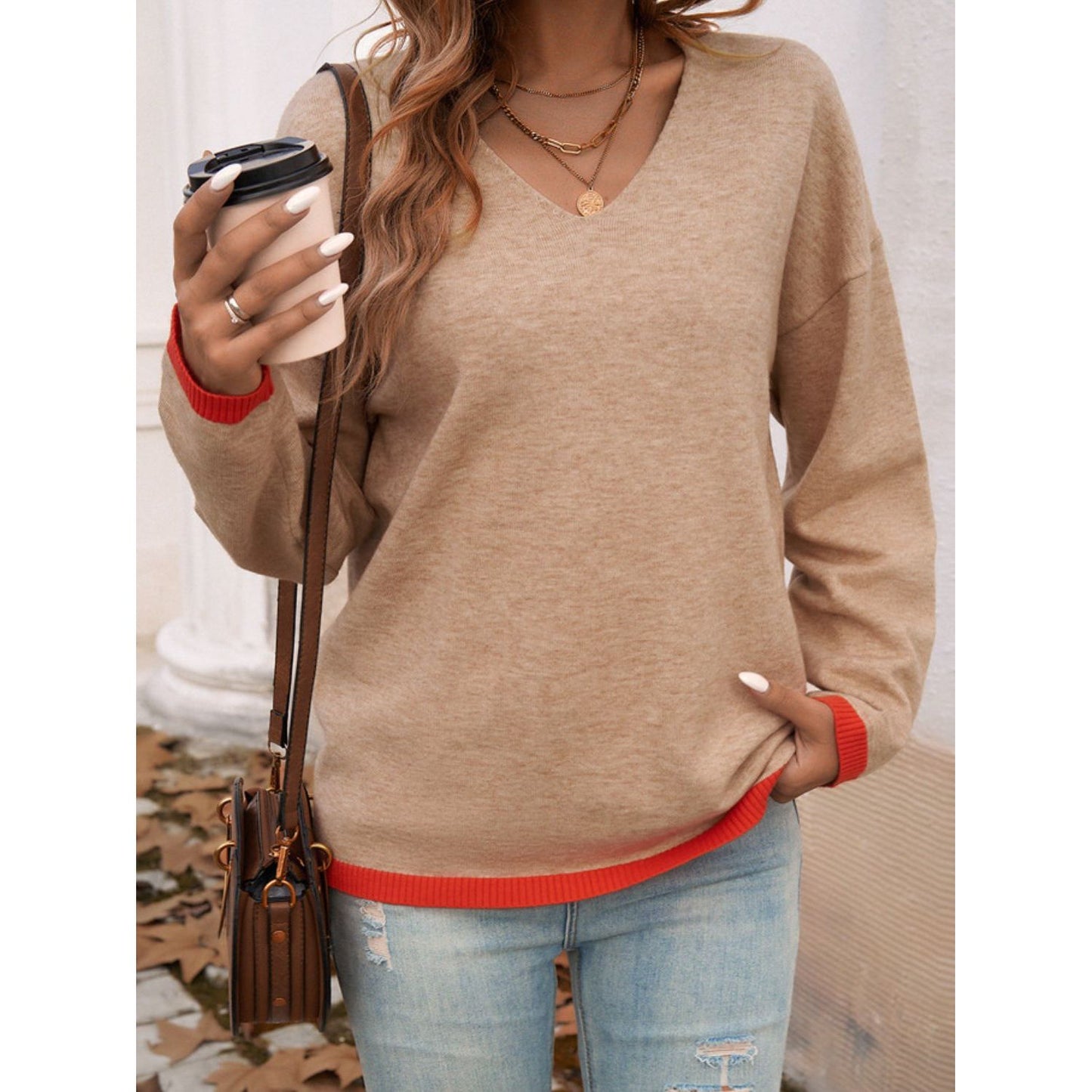Devine Contrast Trim V-Neck Dropped Shoulder Sweater