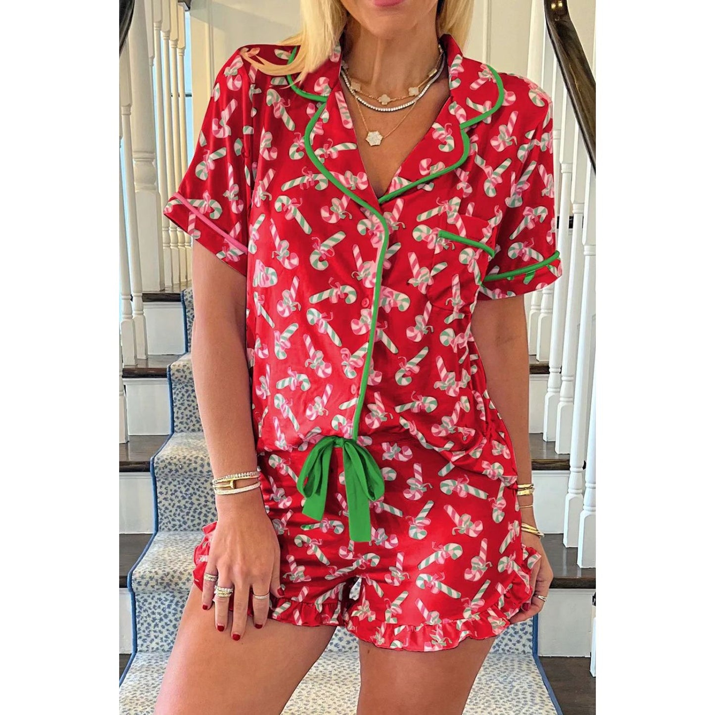 Candy Cane Collared Neck Top and Shorts Lounge Set