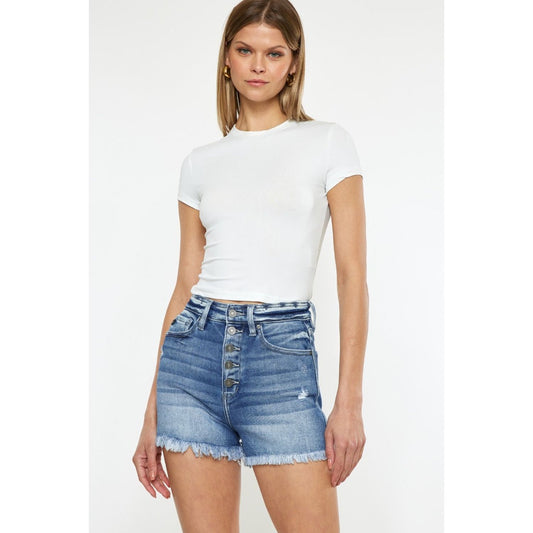 Kancan Button Fly High Rise Raw Hem Denim Shorts